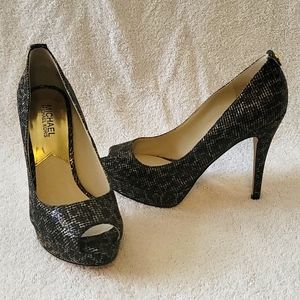Michael Kors York 7 Platform Pump Glitter Black Gold Leopard Peep Toe Shoe Heel